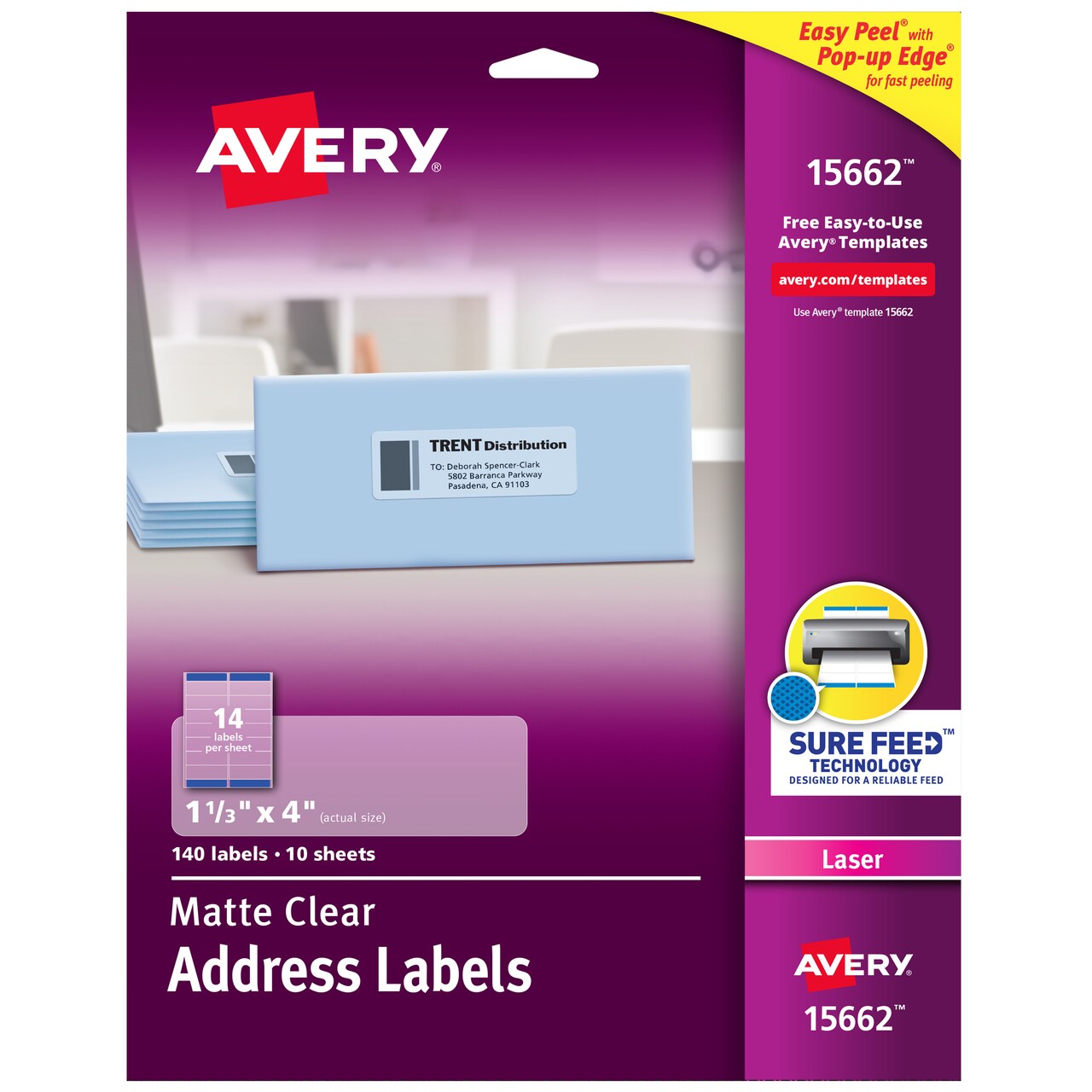 Avery Printable Address Labels with Sure Feed, 1-1/3" x 4", Matte Clear, Permanent Adhesive, Laser Printers, 140 Blank Mailing Labels (15662)
